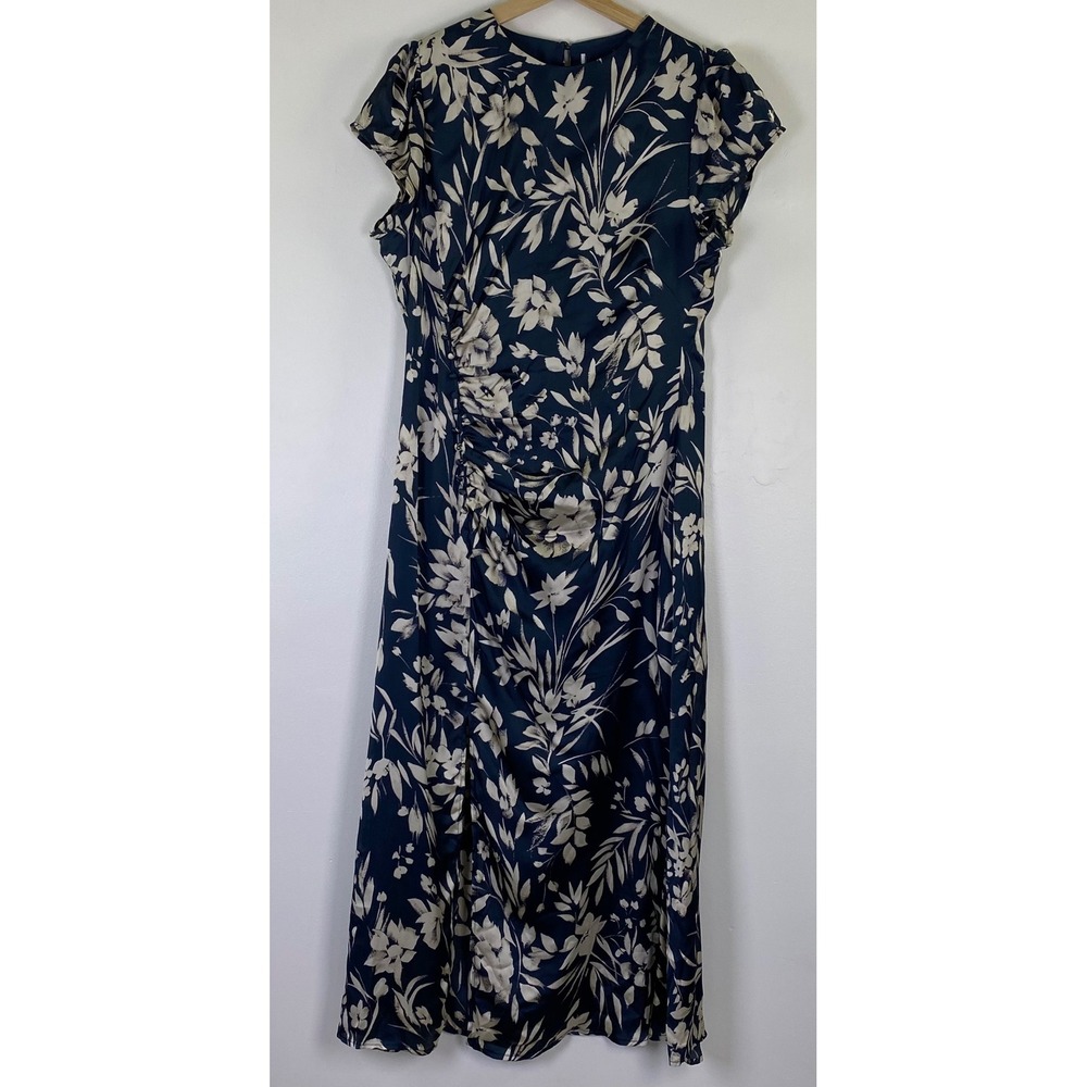 Petal & Pup Lisbeth Midi Dress Midnight Floral L Navy Ruched Short Sleeve Draped
